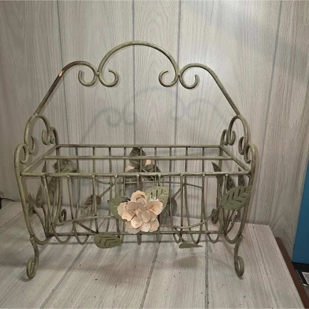 Vtg White Wrought Iron W/Pink Metal Flower Magazine Rack Storage Bin Coquette